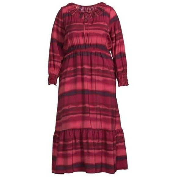 TERRA & SKY Peasant Tiered Long Sleeve Maxi Dress Plus 1X Washy Stripe Rose NWT - Picture 1 of 13